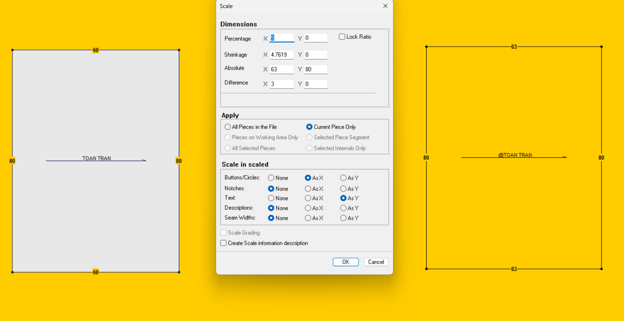 Các thông số Dimensions và Apply trong Optitex