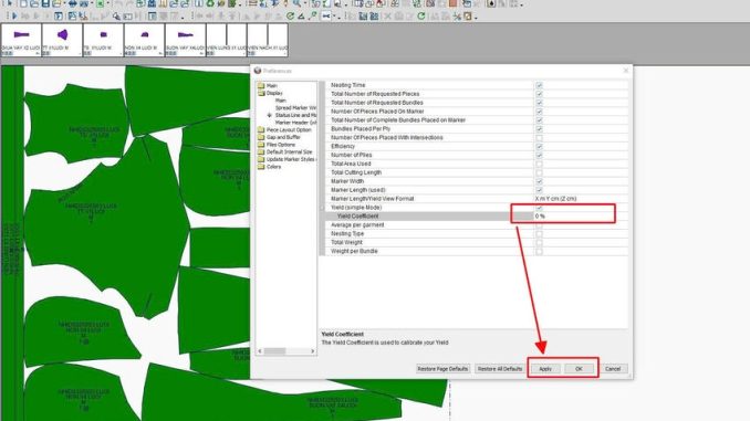 Bảng điều khiển Preferences trong Optitex chỉnh thông số Yield Coefficient