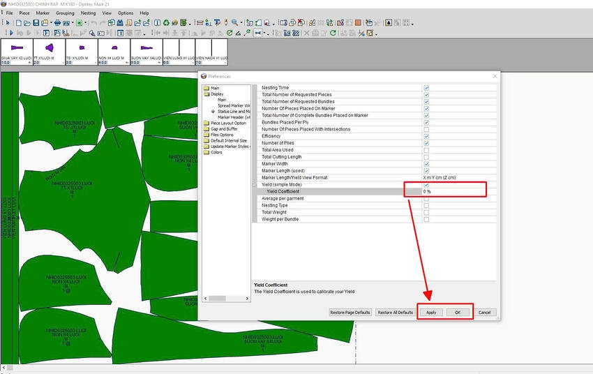 Bảng điều khiển Preferences trong Optitex chỉnh thông số Yield Coefficient